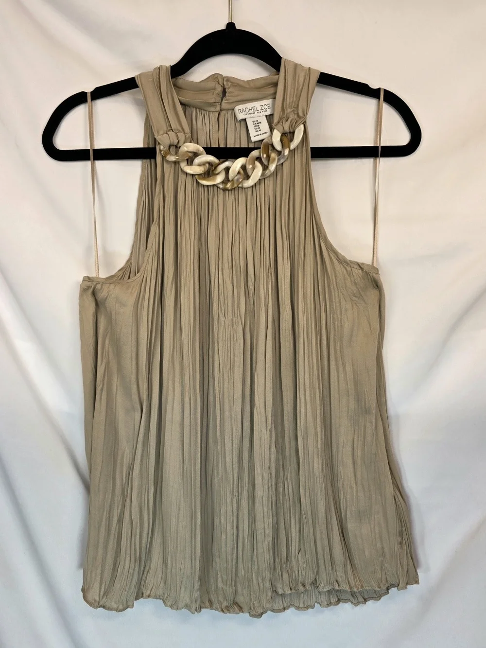 Rachel Zoe Taupe Boho Chic Office Pleated Halter Chunky Chain Accent Blouse Sz M - Picture 1 of 6